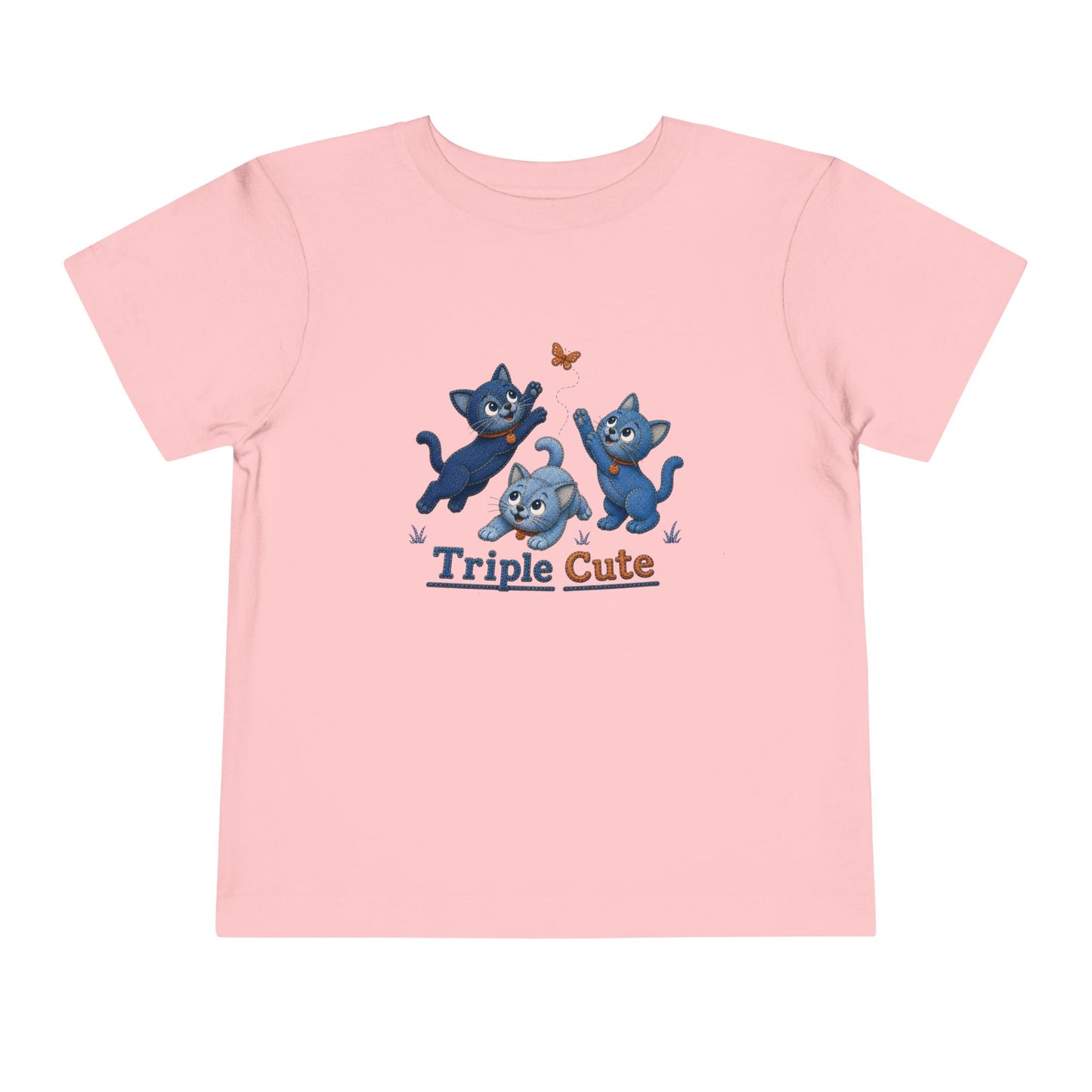 Triple Cute Denim Look Cats Toddler T-Shirt, Blue Kitten Tee for Kids, Toddler T-Shirt, Cat Lover Toddler Shirt,  Denim Print Kids Tee