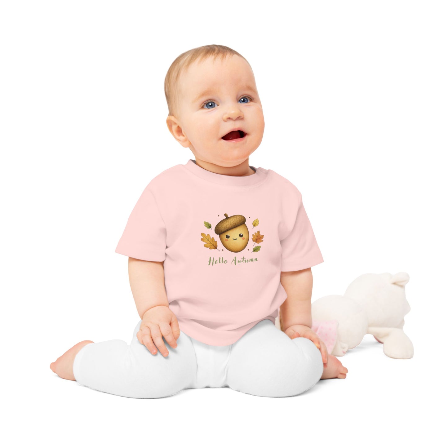Hello Autumn Organic Baby T-Shirt – Cute Acorn & Leaves Tee, NB–24M