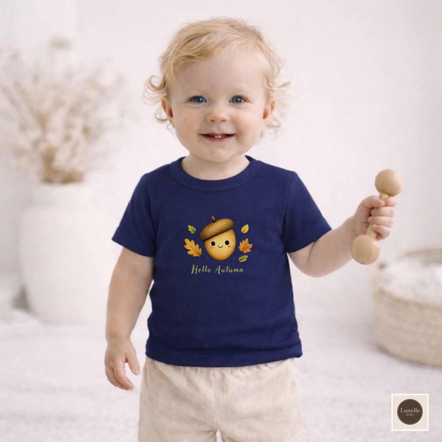 Hello Autumn Organic Baby T-Shirt – Cute Acorn & Leaves Tee, NB–24M