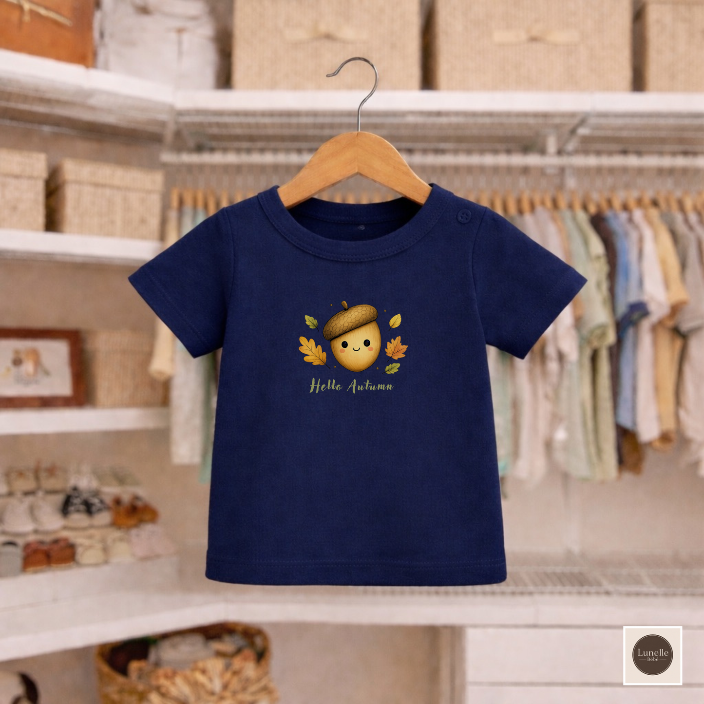 Hello Autumn Organic Baby T-Shirt – Cute Acorn & Leaves Tee, NB–24M
