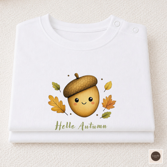 Hello Autumn Organic Baby T-Shirt – Cute Acorn & Leaves Tee, NB–24M