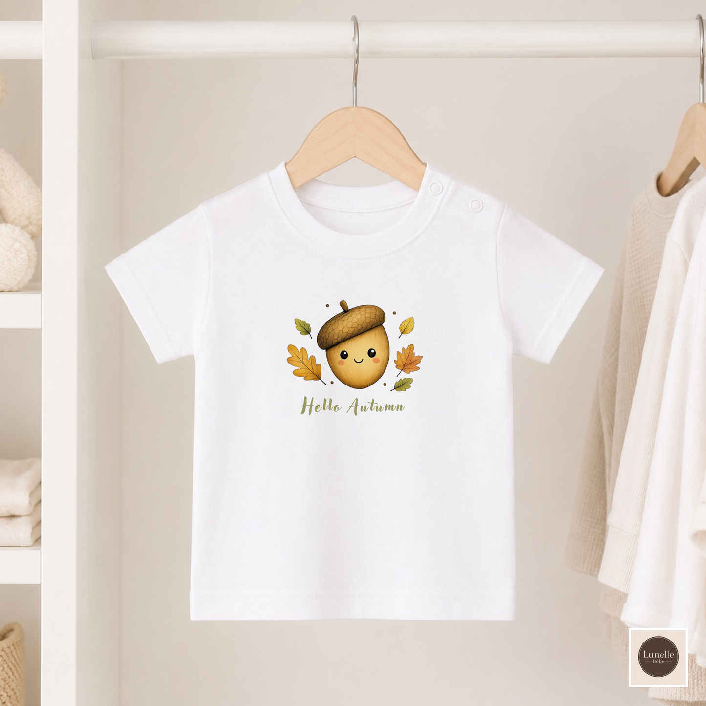 Hello Autumn Organic Baby T-Shirt – Cute Acorn & Leaves Tee, NB–24M