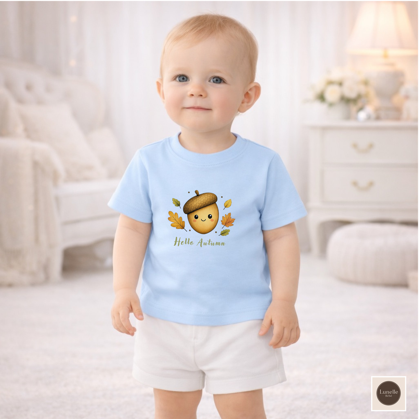 Hello Autumn Organic Baby T-Shirt – Cute Acorn & Leaves Tee, NB–24M