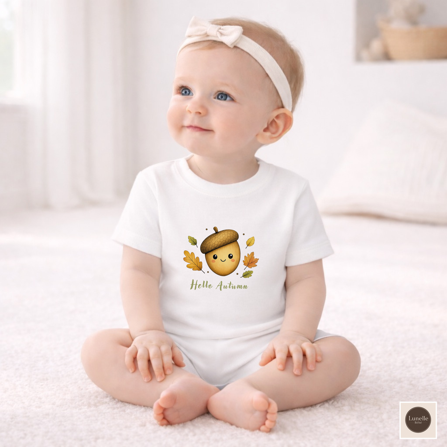 Hello Autumn Organic Baby T-Shirt – Cute Acorn & Leaves Tee, NB–24M