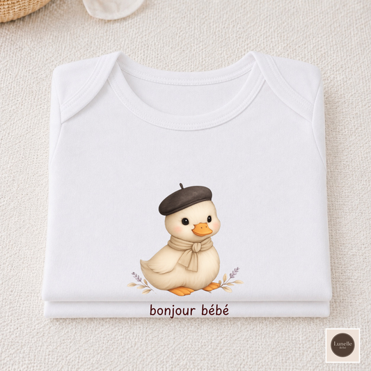 Bonjour Bébé Duck Organic Baby Bodysuit | French Baby Clothes | Neutral Baby Outfit | Organic Cotton Bodysuit | NB-18M