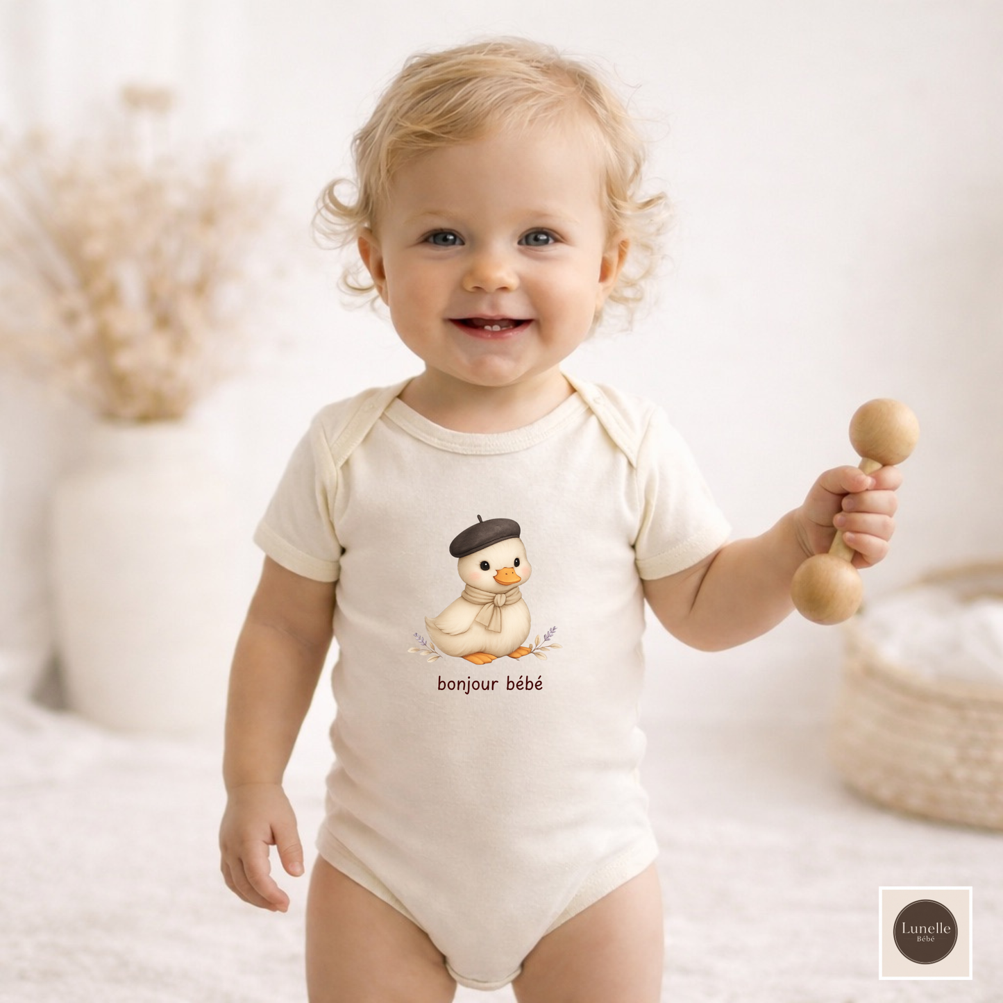 Bonjour Bébé Duck Organic Baby Bodysuit | French Baby Clothes | Neutral Baby Outfit | Organic Cotton Bodysuit | NB-18M