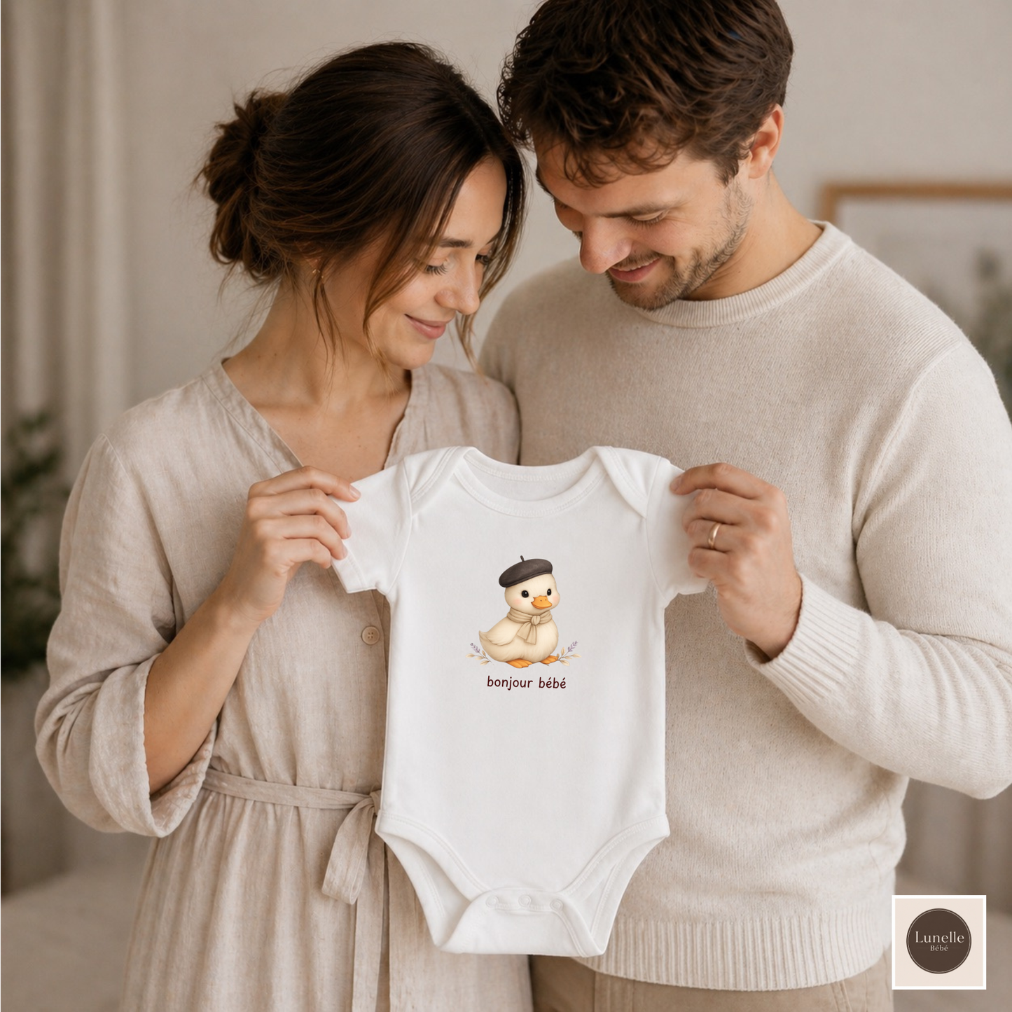 Bonjour Bébé Duck Organic Baby Bodysuit | French Baby Clothes | Neutral Baby Outfit | Organic Cotton Bodysuit | NB-18M