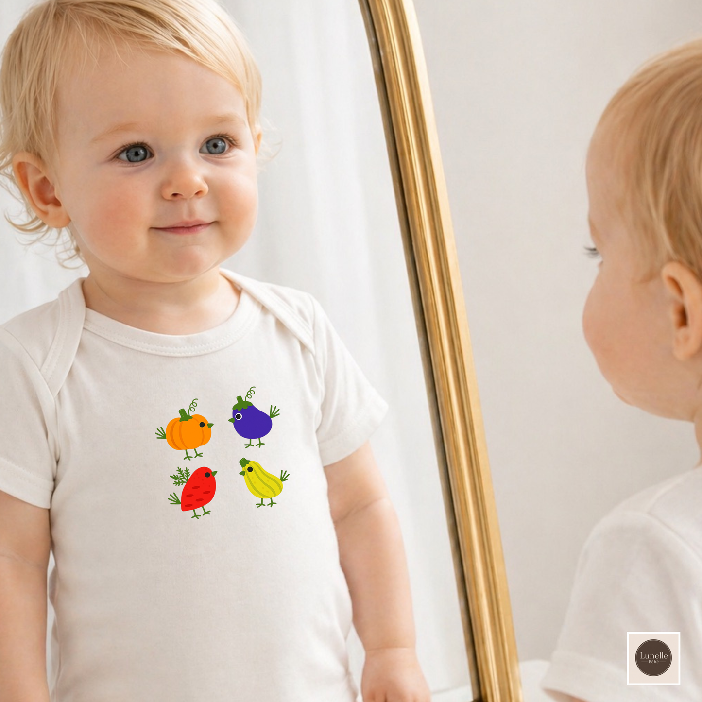 Harvest Veggie Birds Baby Bodysuit – Cute Fall Baby One Piece with Pumpkin &amp; Vegetable Birds