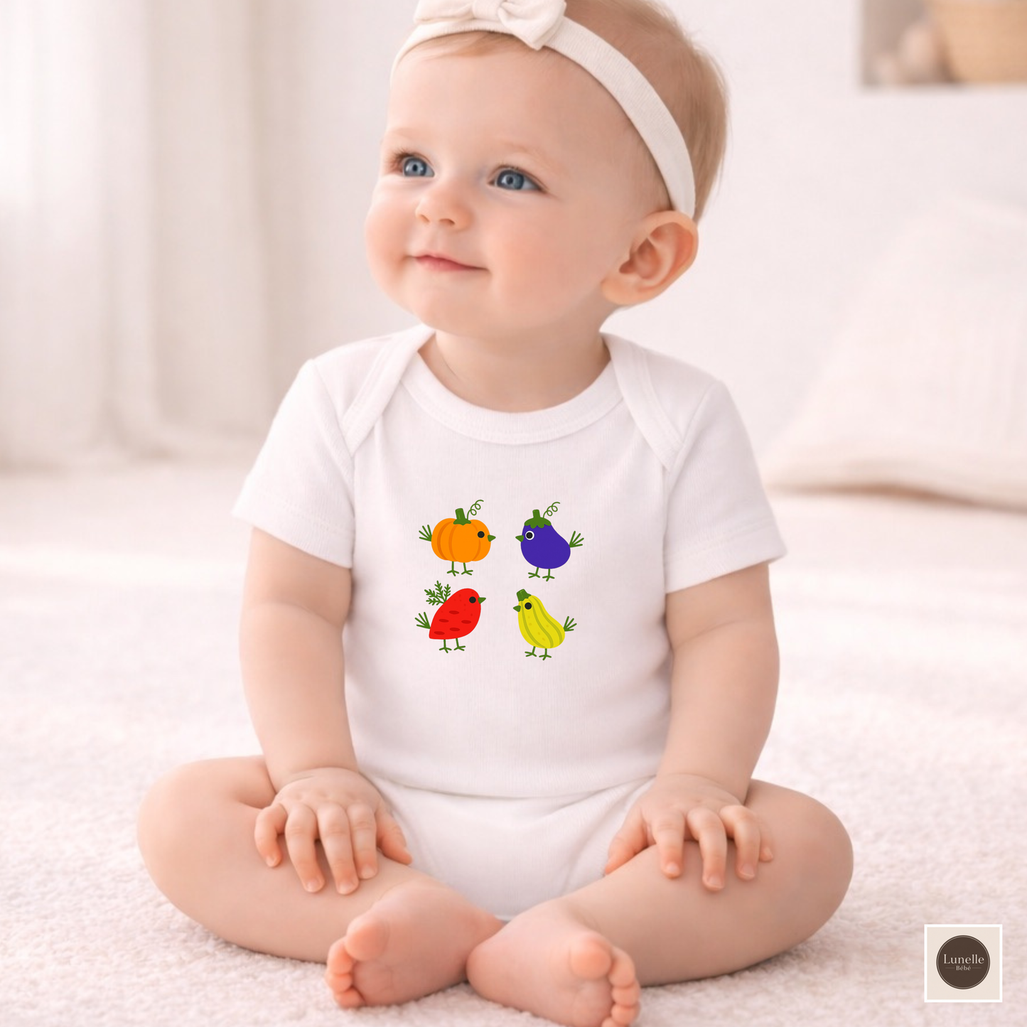 Harvest Veggie Birds Baby Bodysuit – Cute Fall Baby One Piece with Pumpkin &amp; Vegetable Birds