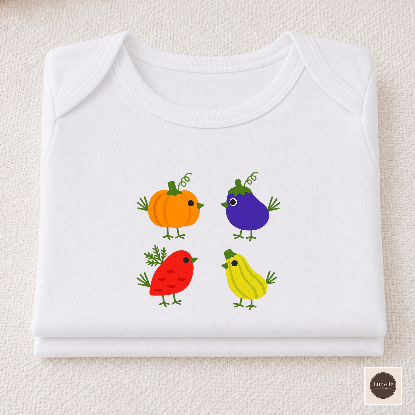 Harvest Veggie Birds Baby Bodysuit – Cute Fall Baby One Piece with Pumpkin &amp; Vegetable Birds