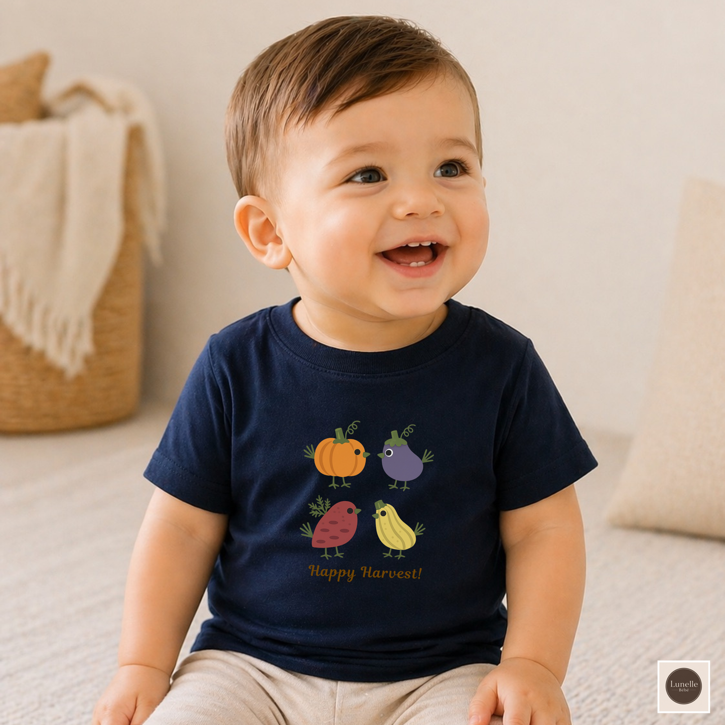 Organic Baby Harvest Birds T-Shirt | Scandinavian Autumn Pumpkin Bird Tee | NB-24M