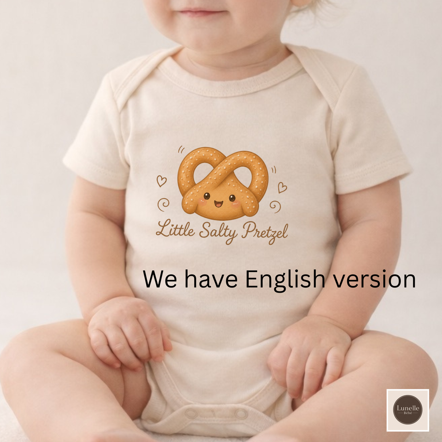 Organic Baby Bodysuit – Kleiner Salziger Brezel | Cute Kawaii Pretzel Baby One Piece | White & Natural | 3–18M