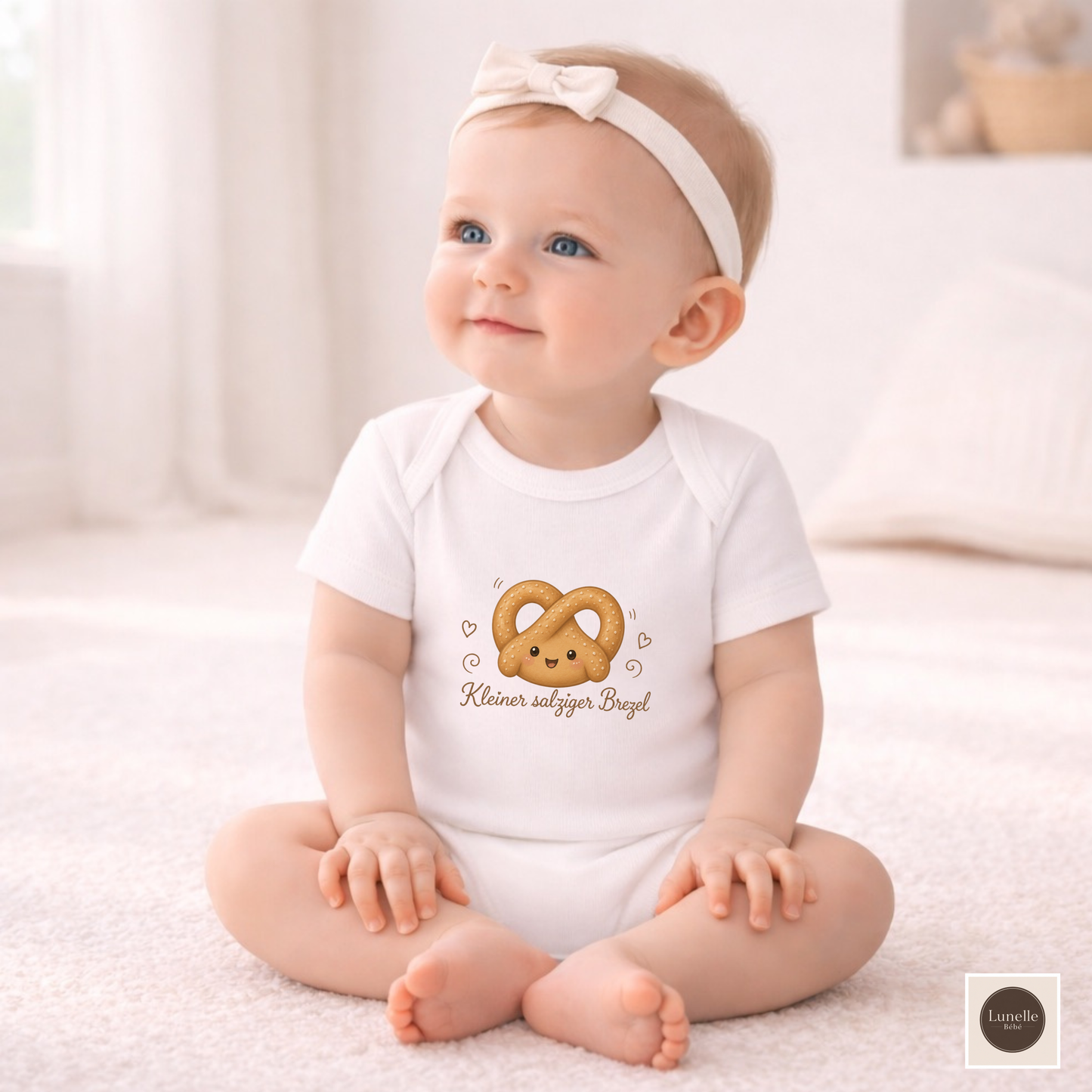 Organic Baby Bodysuit – Kleiner Salziger Brezel | Cute Kawaii Pretzel Baby One Piece | White & Natural | 3–18M