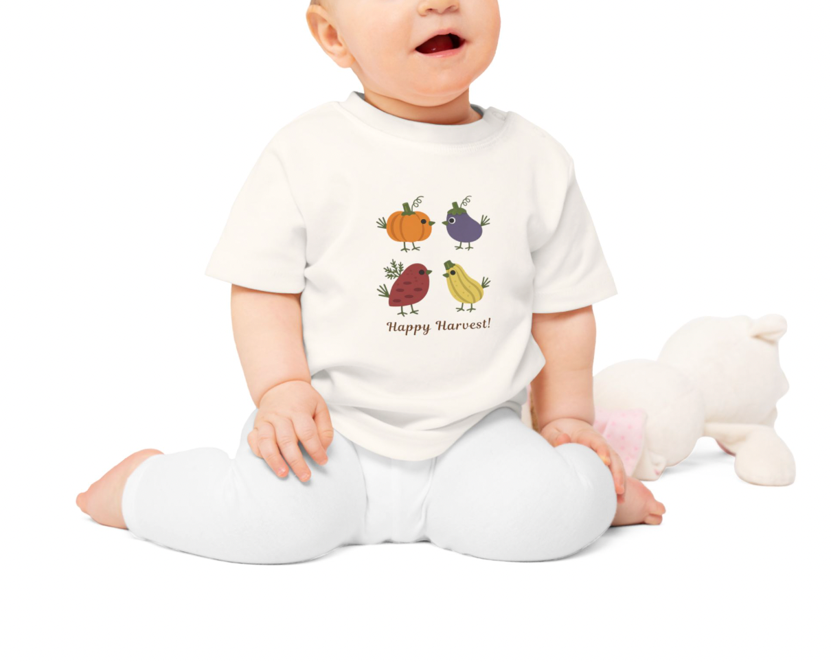 Organic Baby Harvest Birds T-Shirt | Scandinavian Autumn Pumpkin Bird Tee | NB-24M
