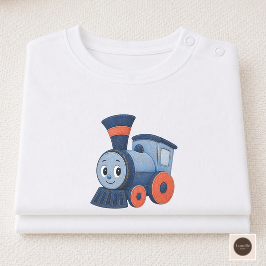 Organic Cotton Train Baby T-Shirt, Cute Locomotive Toddler Shirt, Baby Shower Gift Tee Shirt, Toys Baby Tee, Denim Style Kids Top