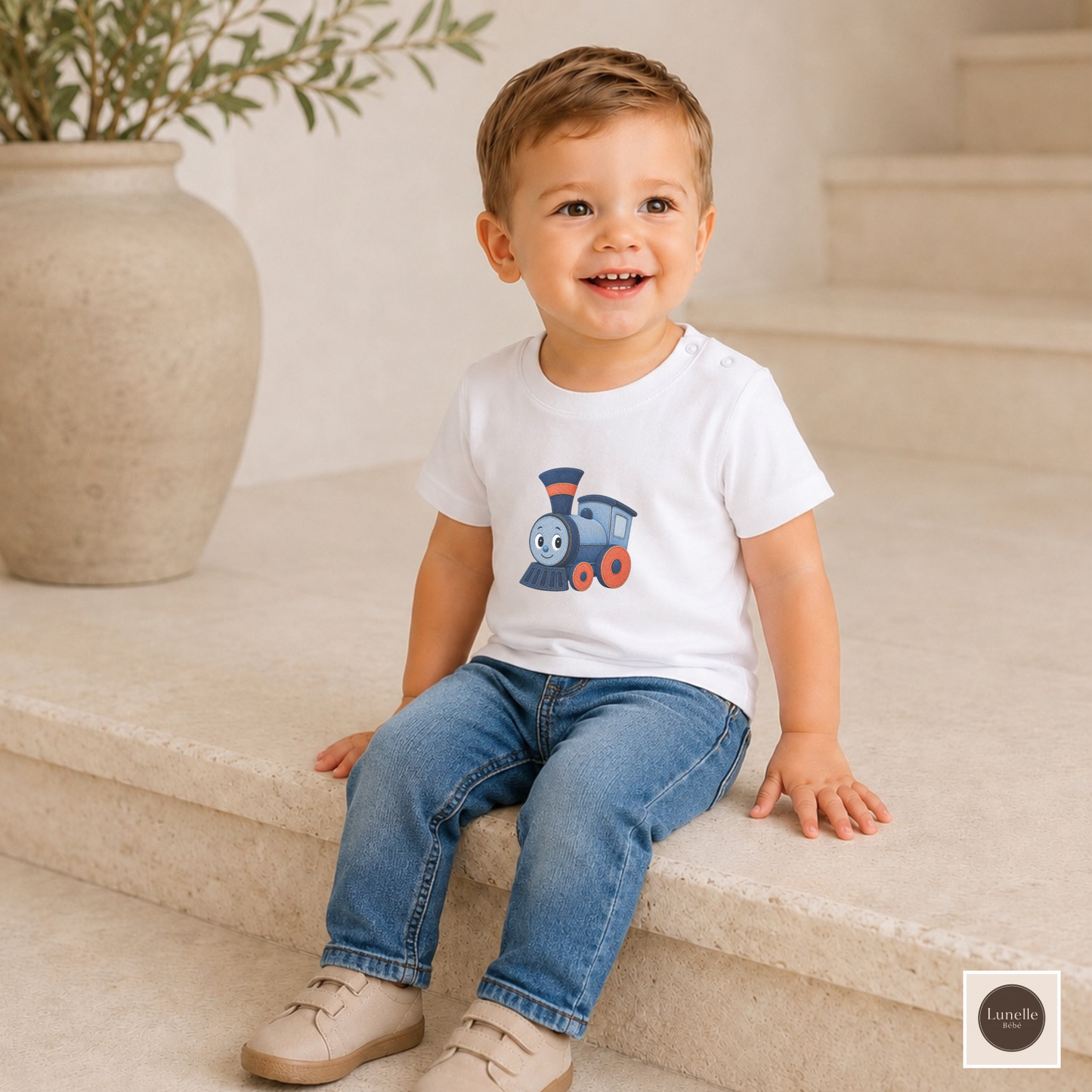 Organic Cotton Train Baby T-Shirt, Cute Locomotive Toddler Shirt, Baby Shower Gift Tee Shirt, Toys Baby Tee, Denim Style Kids Top