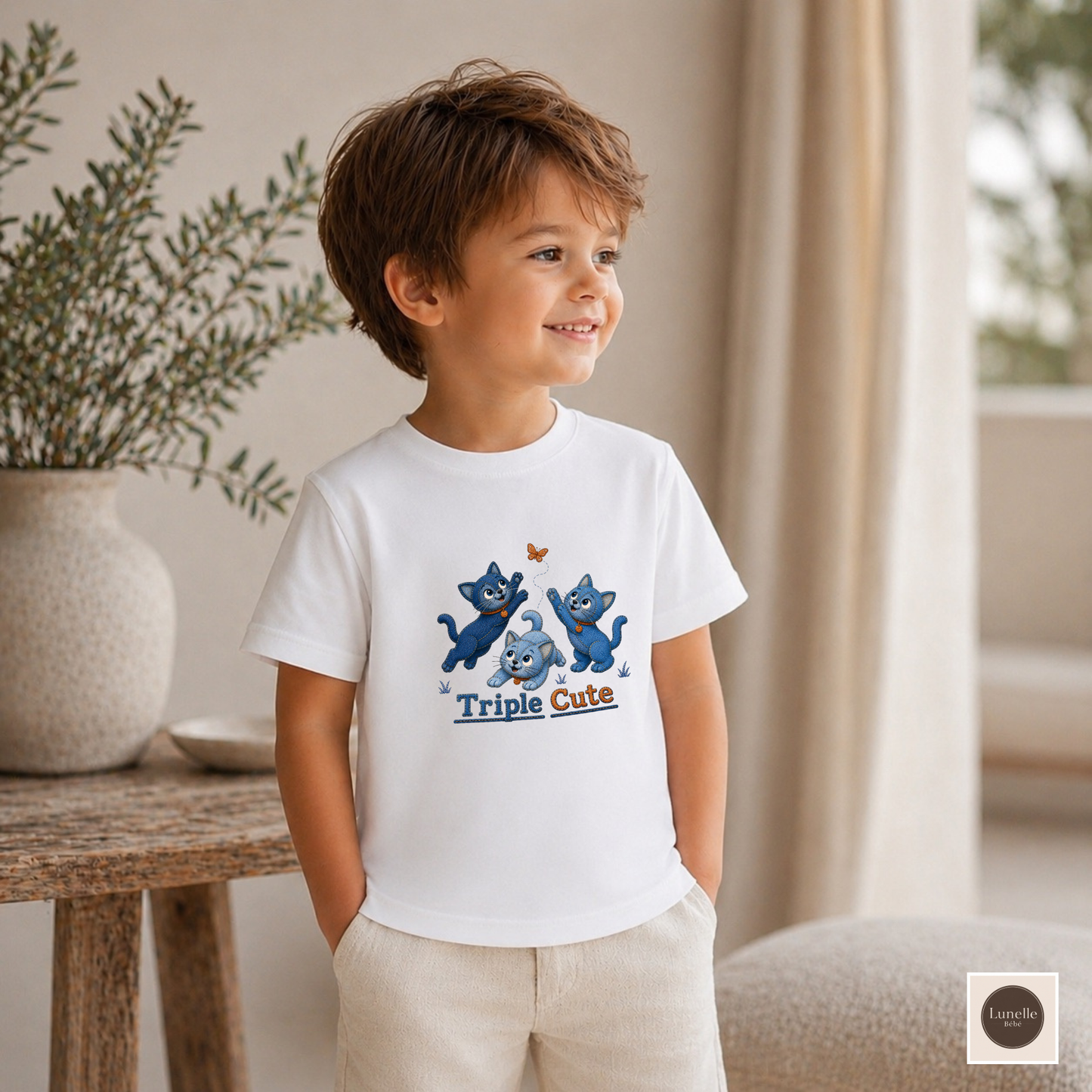 Triple Cute Denim Look Cats Toddler T-Shirt, Blue Kitten Tee for Kids, Toddler T-Shirt, Cat Lover Toddler Shirt,  Denim Print Kids Tee