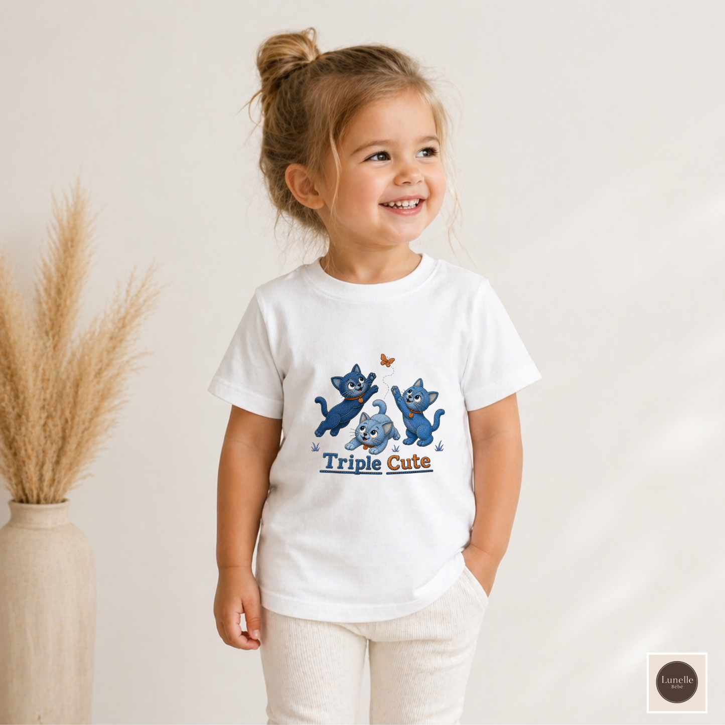 Triple Cute Denim Look Cats Toddler T-Shirt, Blue Kitten Tee for Kids, Toddler T-Shirt, Cat Lover Toddler Shirt,  Denim Print Kids Tee